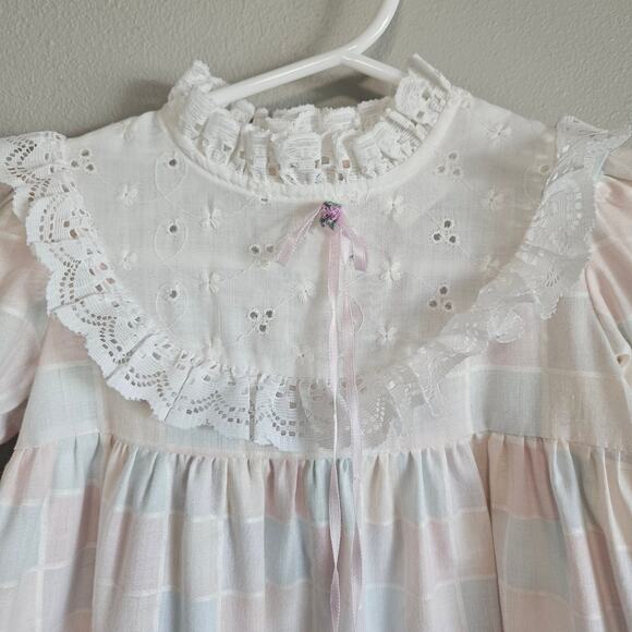 Vtg Sears Dress Girls 2T Pastel Plaid Lace Puff Sleeve Ruffle Easter Cottagecore - Picture 2 of 10